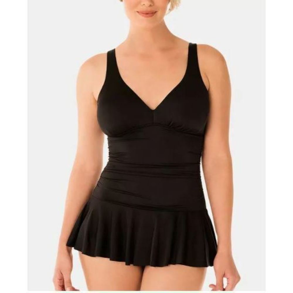 New Swim Solutions Solid Black V-Neck Swimdress Size 8